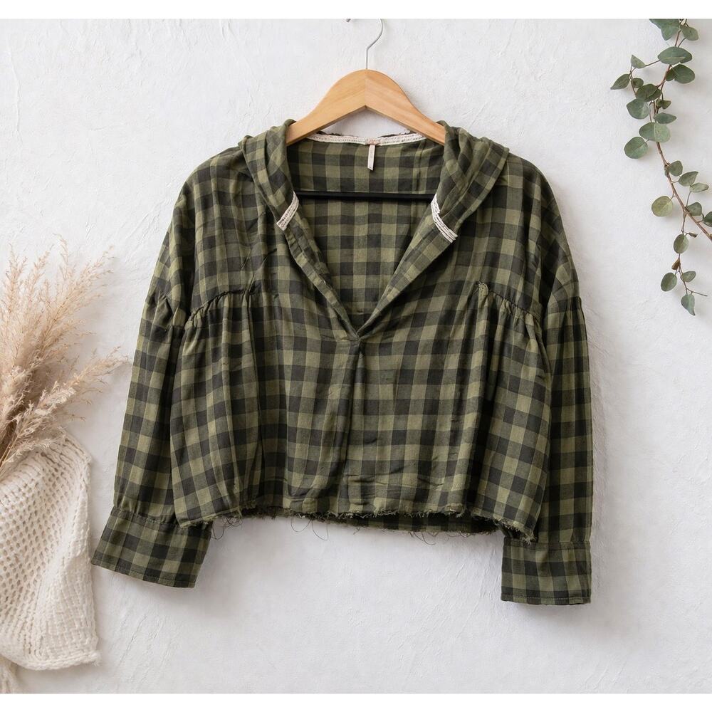 NWT / Free People Plaid Checker Hooded Cropped Top / sz xs